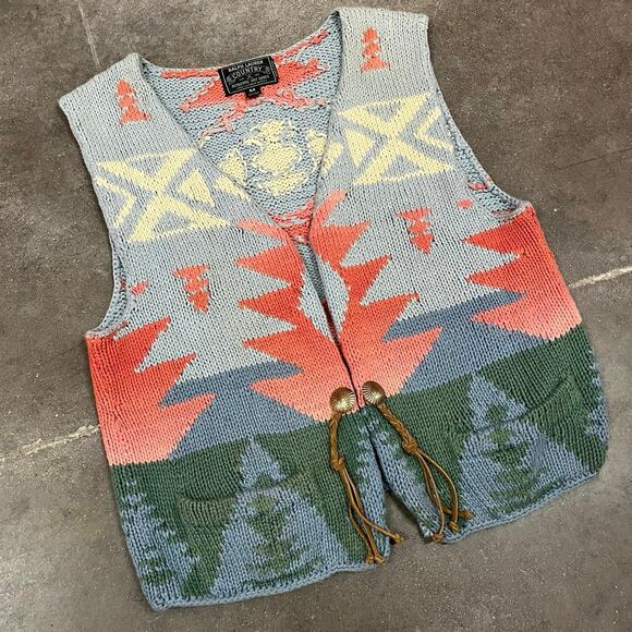 Vintage 90s Ralph Lauren Country Aztec Concho Vest Hand Knit Medium - Picture 2 of 6